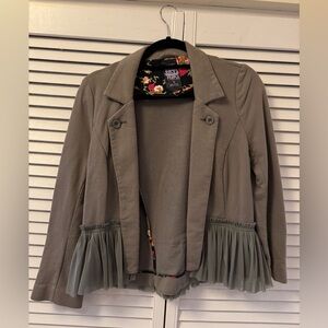 Free People Dusty Green Ruffled Hem Blazer